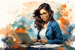 young business woman in glasses and a blue jacket works in the office. A young and beautiful female employee is working on a new laptop.