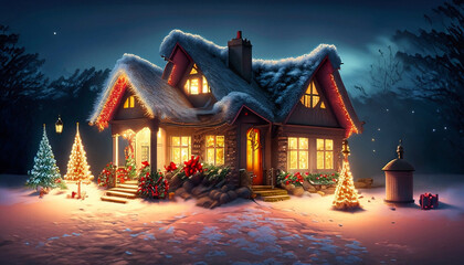 Canvas Print - Christmas house in the night decoration