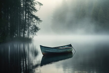 Boat On The Lake, Foggy Autumn Morning