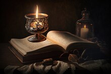 Book With Candles, Book And Candle, Retro Light, Digital Art Style, Illustration Painting