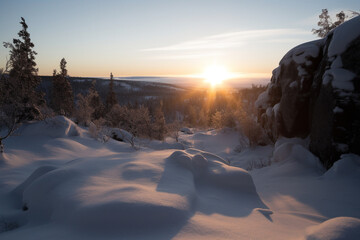 Wall Mural - Sunset view from snowy hill generative AI