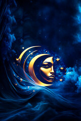 Wall Mural - Lunar and Sun astrology with sun and half Moon  - Luna over blue veil and black background with copy space 