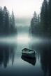 Boat on the lake, foggy autumn morning