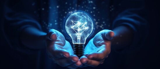 Digital marketing. Hands under light bulb, innovation technology,technology and network dark blue and blue background