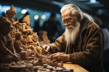 Wall Mural - Skilled woodcarver creating intricate figurines at a craft booth, Generative AI