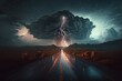 Lightning along the road, road and bad weather, digital art style, ai generated