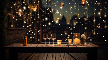 Champagne glasses with champagne stand outside on the table at night