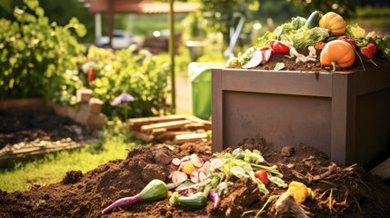 Wall Mural - Composting food scraps in a backyard compost bin