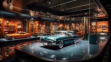 Automotive showroom with iconic car brand models in glass showcases