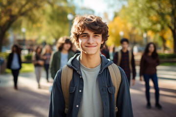 Wall Mural - Generative AI photography of happy cheerful male graduate going to school on a sunny september day