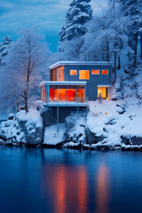 Wall Mural - House on cliff with lake in front of it.