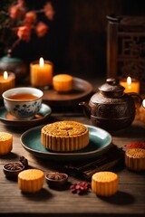 Wall Mural - Mooncake on table with tea cups on wooden background and full moon, Mid-Autumn Festival concept.