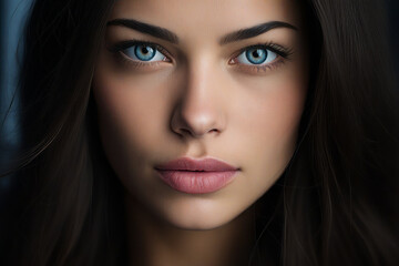 Canvas Print - Woman with blue eyes and long hair is looking at the camera.