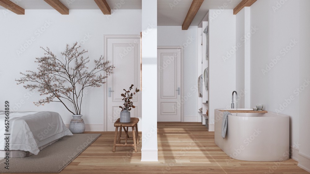 Minimalist nordic wooden bedroom and bathroom in white and beige tones ...