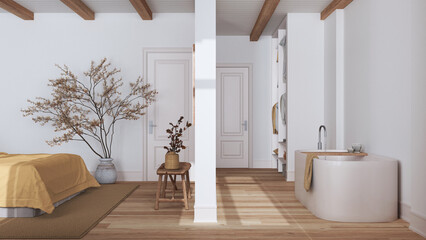 Wall Mural - Minimalist nordic wooden bedroom and bathroom in white and yellow tones. Bed, bathtub and walk-in closet. Parquet and beams ceiling. Scandinavian interior design