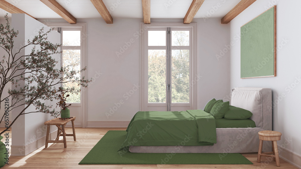 Scandinavian nordic wooden bedroom in white and green tones. Double bed ...