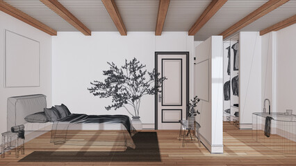 Wall Mural - Empty white interior with parquet floor, custom architecture design project, black ink sketch, blueprint showing minimal bathroom and bedroom, japandi interior design