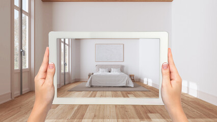 Wall Mural - augmented reality concept. hand holding tablet with ar application used to simulate furniture and de
