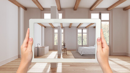 Wall Mural - augmented reality concept. hand holding tablet with ar application used to simulate furniture and de