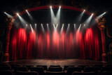 Fototapeta  - Spotlight on a Majestic Theater Stage with Opening Red Curtains