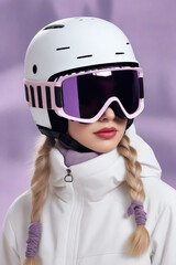 Canvas Print - Woman wearing white jacket and white helmet with purple goggles.