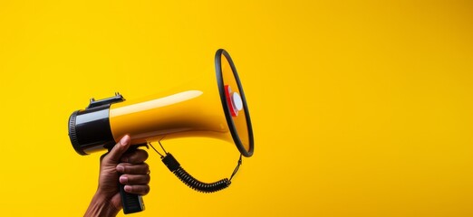 Hand holding megaphone, marketing and sales, yellow background