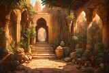 Fototapeta  - Generate a picture of an ornate, ancient road leading through a grand, exotic palace entrance into a wild, unexplored desert oasis 