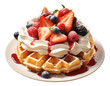 Waffle topped with whipped cream and fruit isolated.