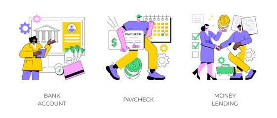 Money transfer abstract concept vector illustration set. Bank account, paycheck, money lending, online banking, savings deposit, payroll, bank credit card details, abstract metaphor.