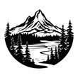 © Natworanat - mountain icons set, hills, forest, wood, trees, rivers, lakes, nature landscape icons, travel mountain lake forest silhouette,