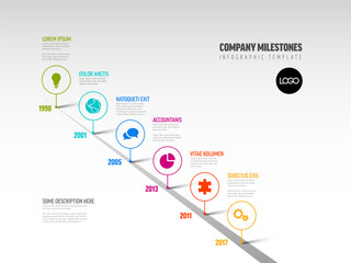 Wall Mural - Vector Infographic Company Milestones Timeline Template with pointers on a straight road line