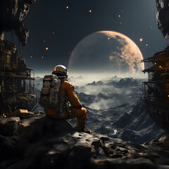Wall Mural - spaceman or astronaut sitting on the moon.