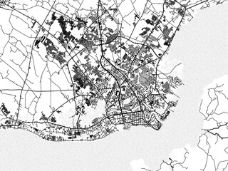 greyscale vector city map of iloilo in the philippines with with water, fields and parks, and roads 