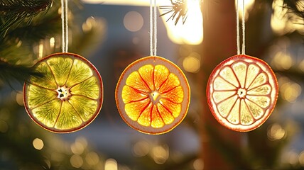 on individual citrus slice ornaments hanging from a Christmas tree. the translucency of the dried fruit slices as they catch the holiday lights.