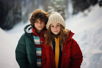 Wall Mural - Two teenagers in warm winter clothes posing to the camera standing in snowy landscape. Winter fashion for youth concept. Generative AI