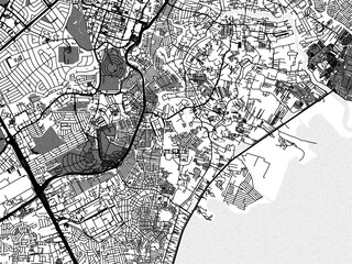 greyscale vector city map of taguig in the philippines with with water, fields and parks, and roads 
