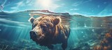 Fototapeta Zwierzęta - Mix grizzly bear and pig animal swimming underwater. Generative AI technology.	
