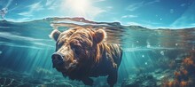 Mix Grizzly Bear And Pig Animal Swimming Underwater. Generative AI Technology.	
