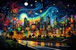 phantasmogorical night city with glowing lights and colored tints in the night starry sky. Cityscape