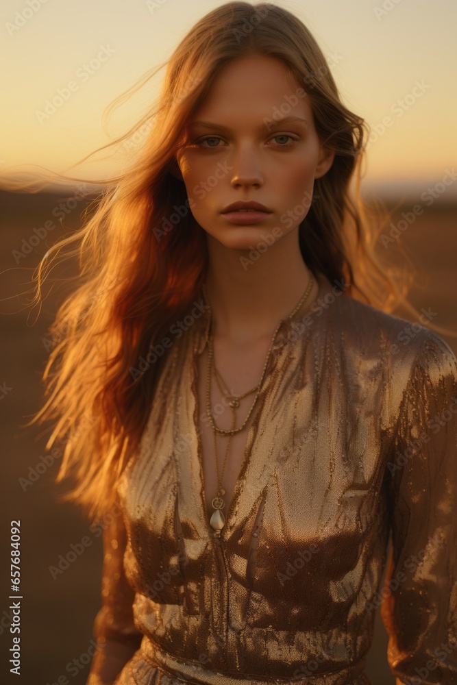 On a crisp autumn evening, a beautiful woman with long, flowing hair ...