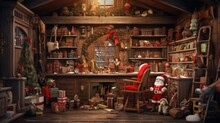 Santa Claus In His Whimsical Workshop, Crafting Toys And Checking His List. The Cozy, Clutter-free Environment Where The Magic Happens, With A Minimalist, Modern Twist.