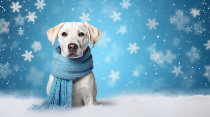 Wall Mural - White labrador wrapped in a blue scarf sits on a snowy surface with blurry falling snowflakes in the background.