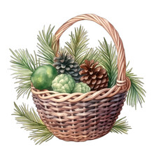 Christmas Basket With Pine Cones And Berries