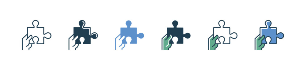 Poster - hand holding puzzle piece icon vector business problem solving with jigsaw part creative solution symbol illustration outline simple design
