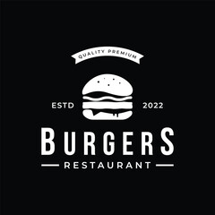 Wall Mural - Retro vintage hot burger fresh and tasty logo design. Logo for restaurant, business, label, badge and emblem.