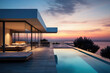 luxury modern villa with a swimming pool on the water at sunset