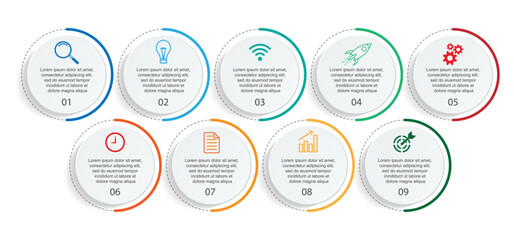 Business Infographic Template Design. minimal concept Timeline with 9 steps, options and marketing icons. Vector linear infographic with nine connected elements. Can be used for presentations on your 