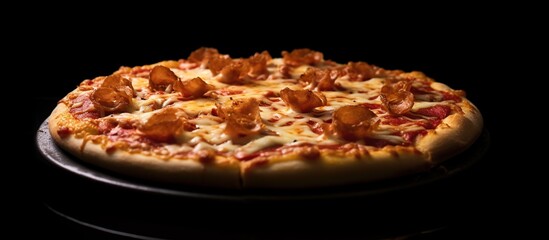 pizza is served on a black background table