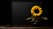 Black Frame Mock Up With Sunflower On The Black Background.