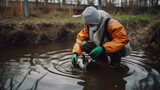 Fototapeta  - Technician man in full body protective suit collecting sample of river. Concept portable water quality measurement.